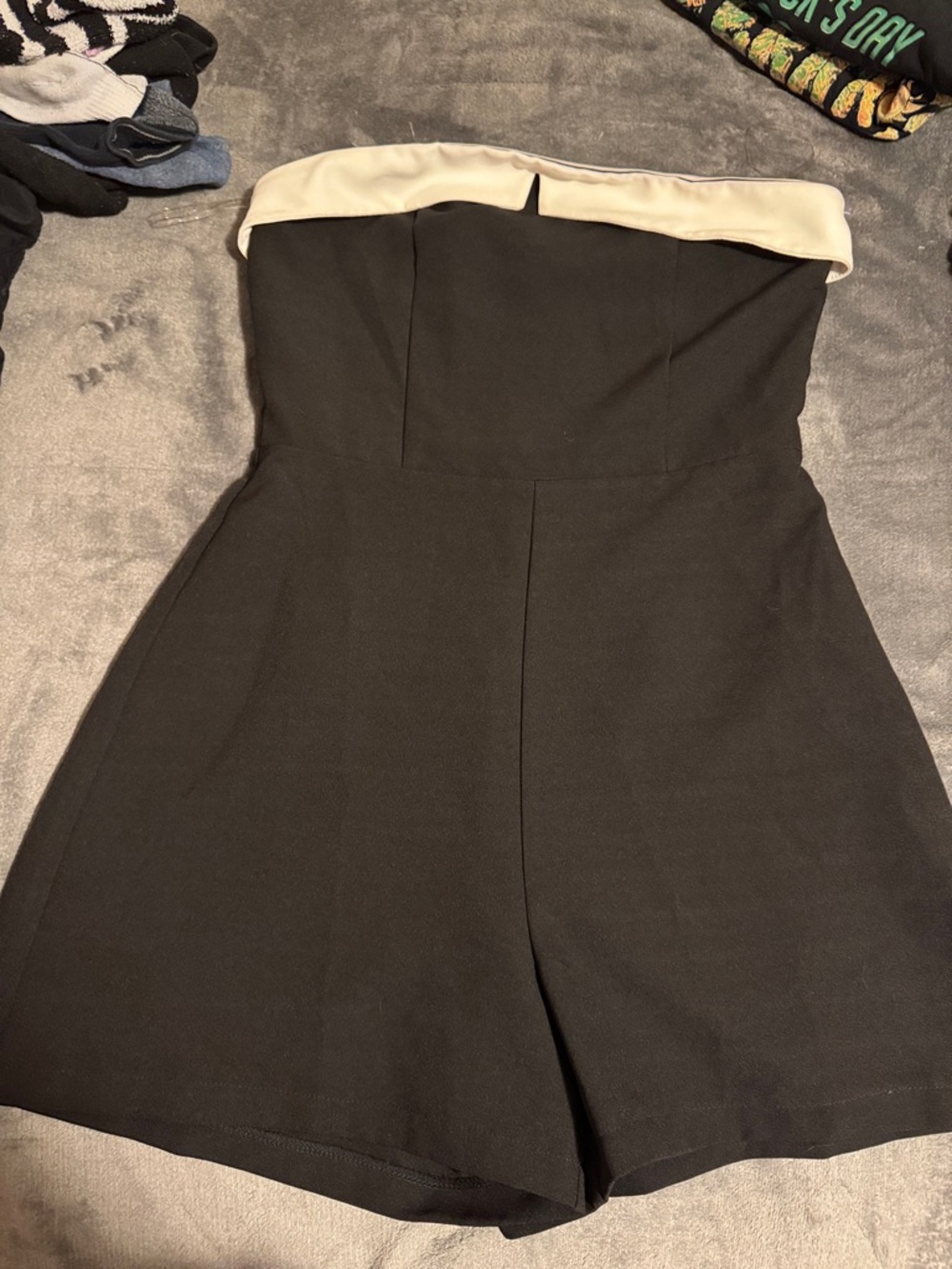 HYFVE Black Strapless Romper with Cream Fold-Over Trim
